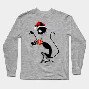 Cat Funny Christmas Santa holding a little Mouse with Gift Long Sleeve T-Shirt